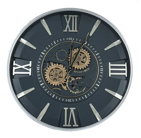 Silver & Black Geared Clock