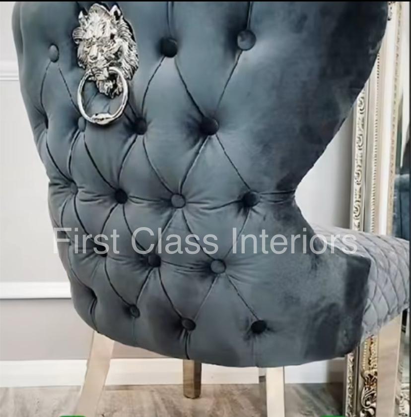 Ariana Marble Dining Table (all colours) & DARK GREY Chelsea Lion Knocker Chairs