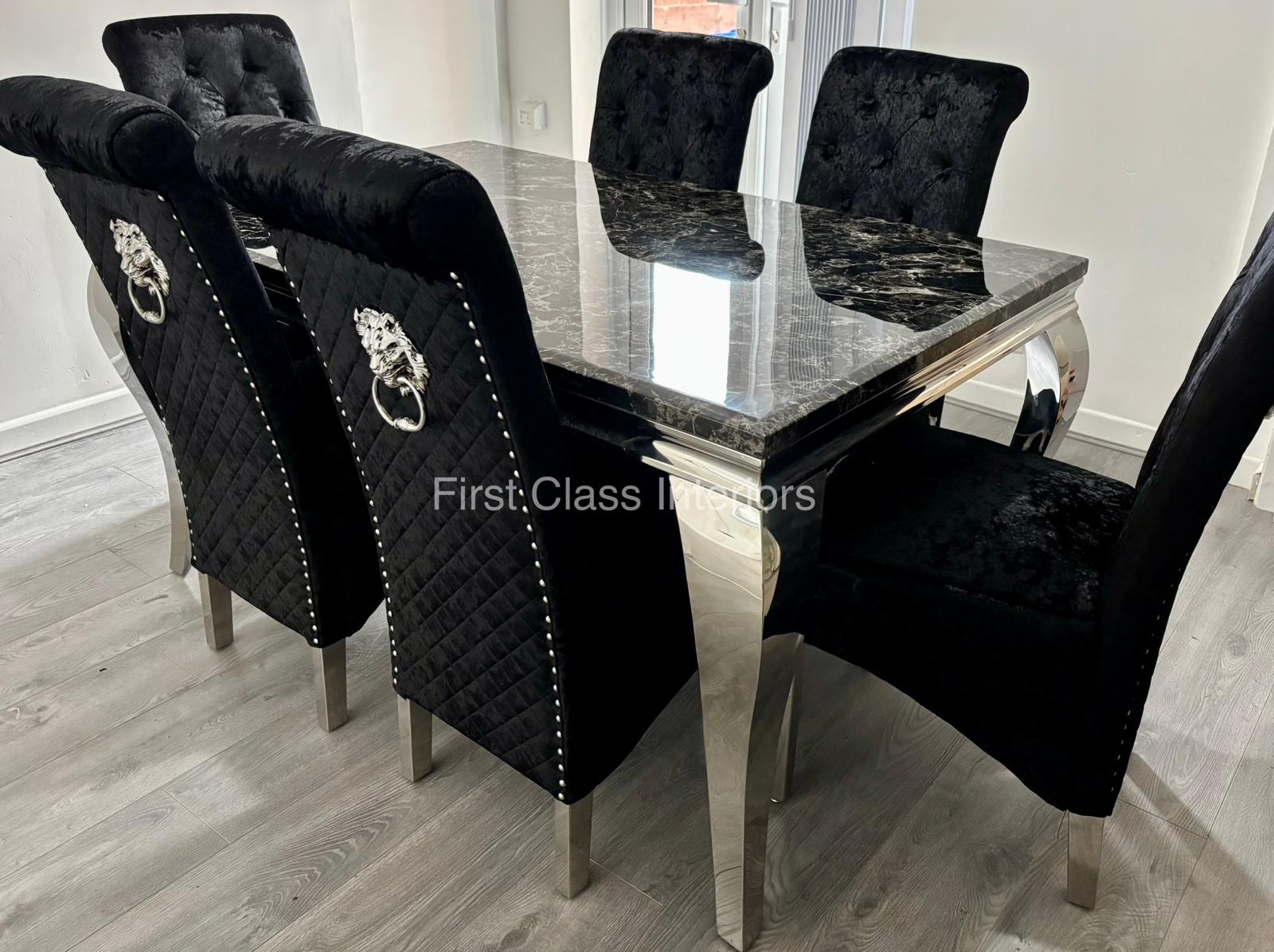Louis Marble Dining Table (all colours) & BLACK, GREY or CREAM Emma Lion Knocker Chairs
