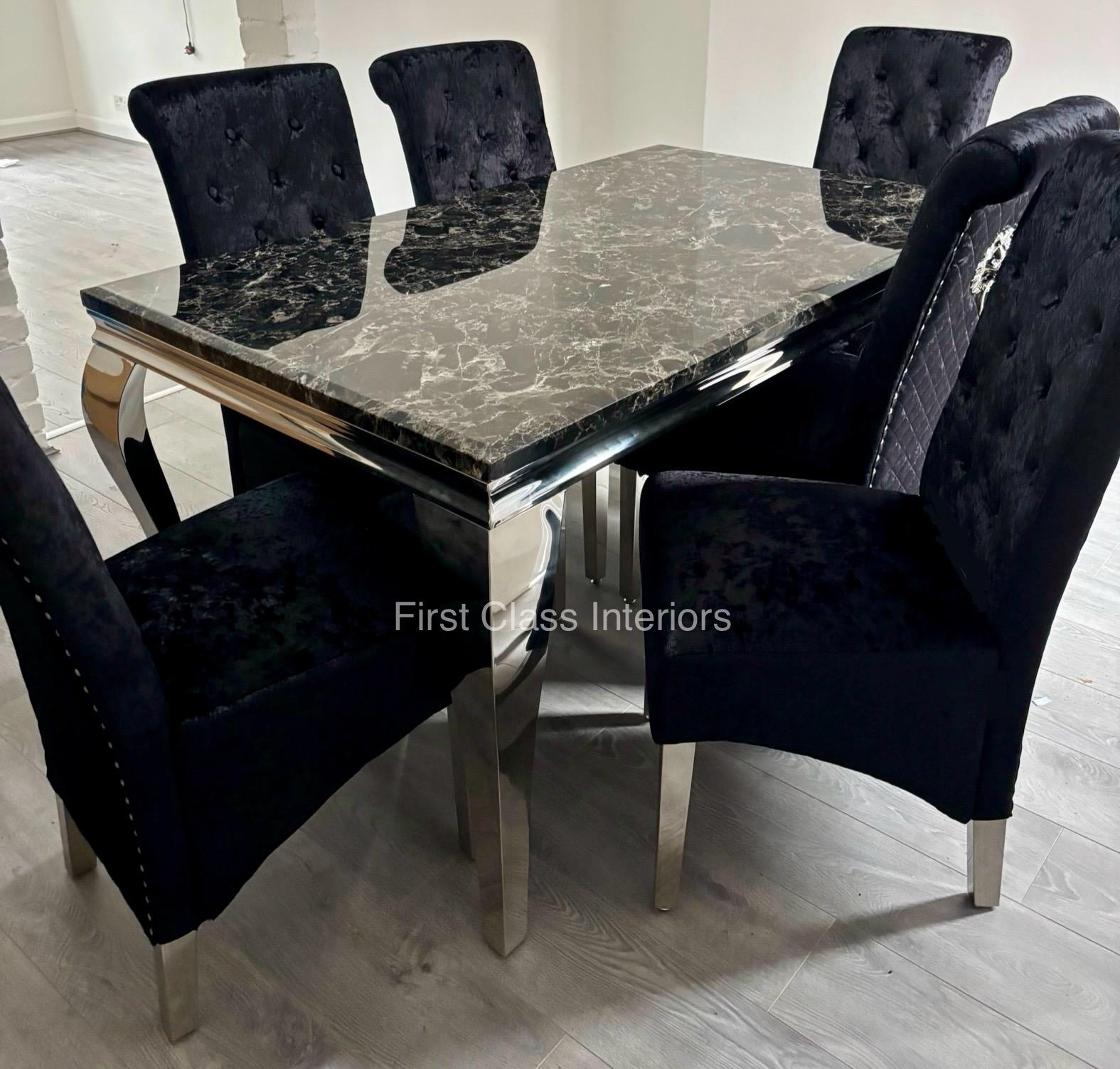 Louis Marble Dining Table (all colours) & BLACK, GREY or CREAM Emma Lion Knocker Chairs