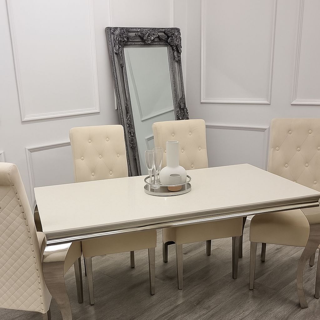 Louis Marble Dining Table (all colours) & BLACK, GREY or CREAM Emma Lion Knocker Chairs