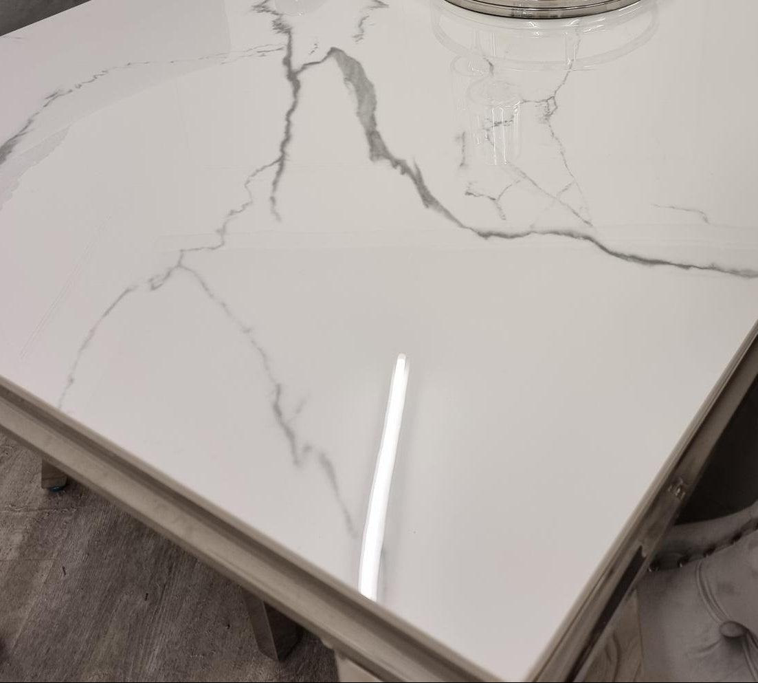 Arial Dining Table (all colours) & BLACK, GREY, or Cream Emma Lion Knocker Chairs