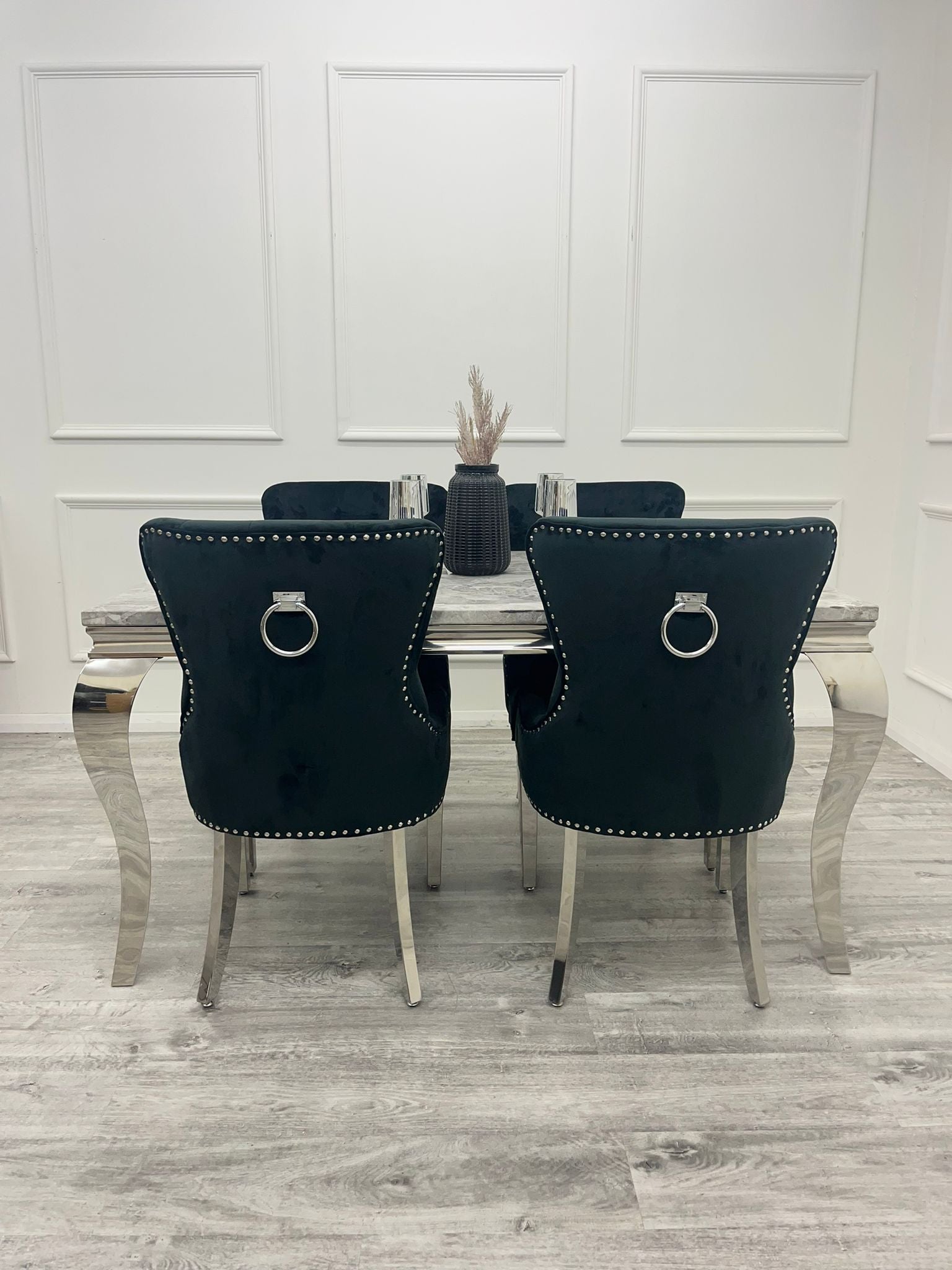 Louis Marble Dining Table (all colours) & BLACK or DARK GREY Megan Ring Knocker Chairs