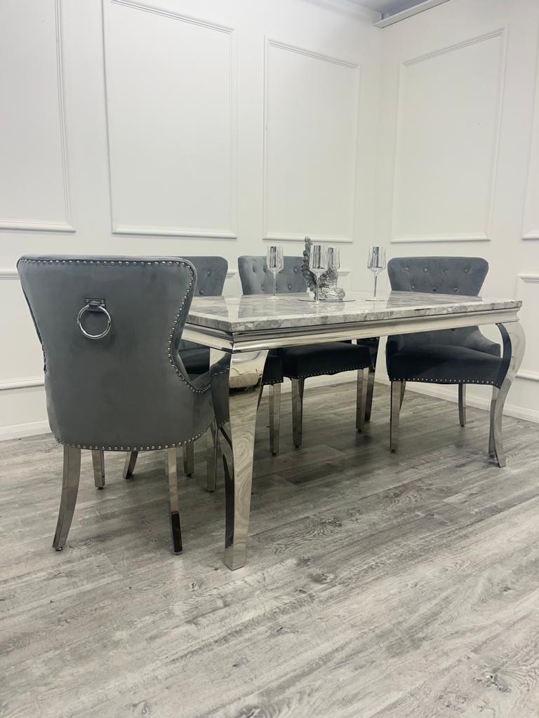 Louis Marble Dining Table (all colours) & BLACK or DARK GREY Megan Ring Knocker Chairs