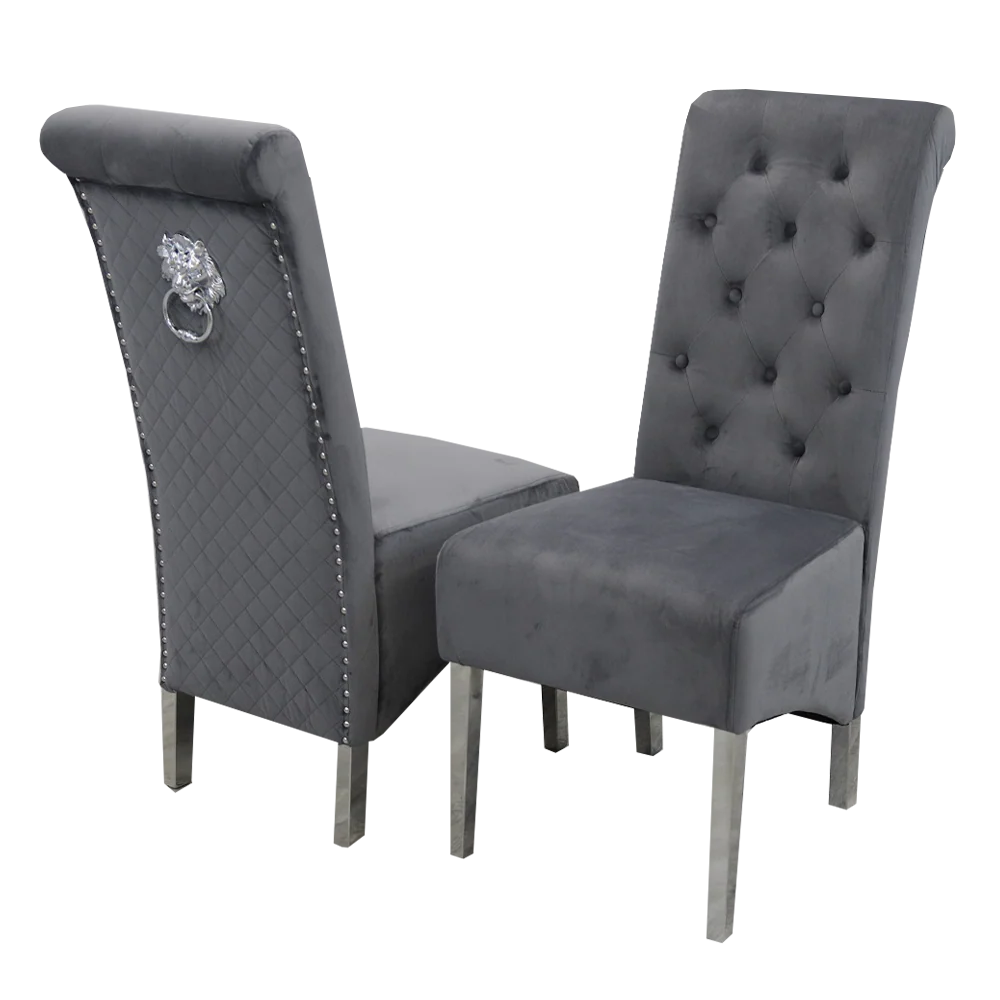 grey upholstered chairs with silver decorative elements