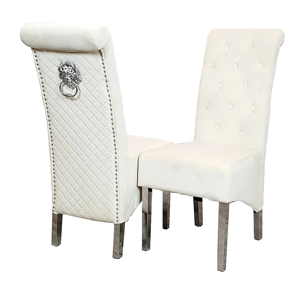 cream dining chairs with decorative backrest lion knocker