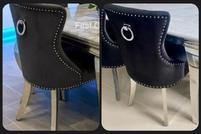 Louis Marble Dining Table (all colours) & BLACK or DARK GREY Megan Ring Knocker Chairs