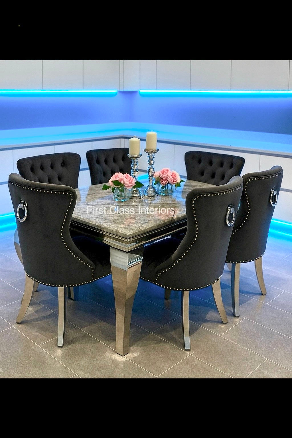 Louis Marble Dining Table (all colours) & BLACK or DARK GREY Megan Ring Knocker Chairs