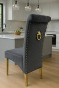 Grey velvet chair with gold ring first class interiors