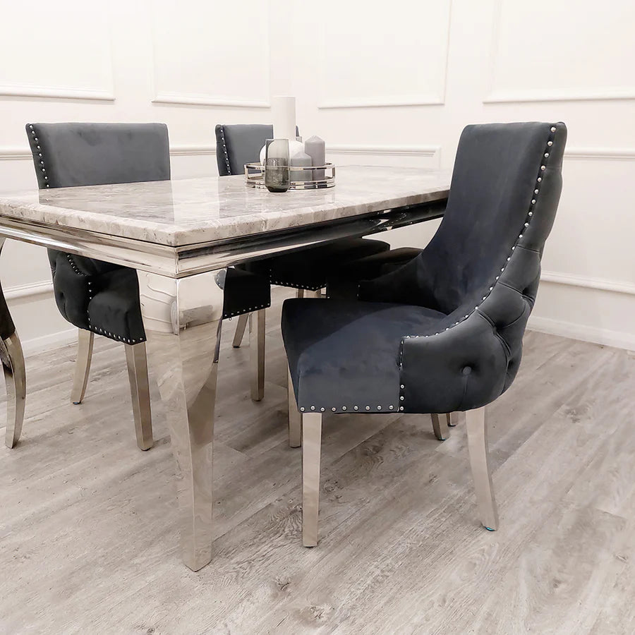 1.5m Louis Marble Table (all colours) & 4 Kensington Dark Grey Chairs