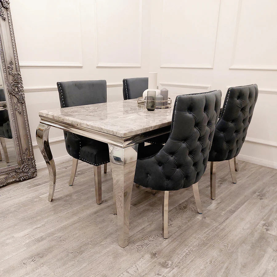 1.5m Louis Marble Table (all colours) & 4 Kensington Dark Grey Chairs