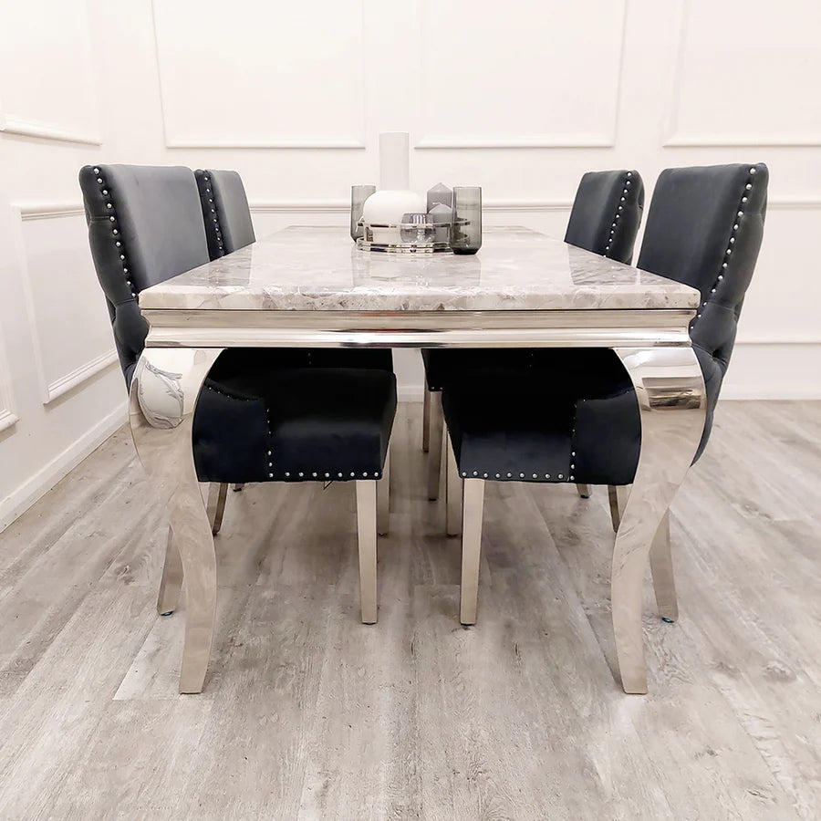 1.5m Louis Marble Table (all colours) & 4 Kensington Dark Grey Chairs