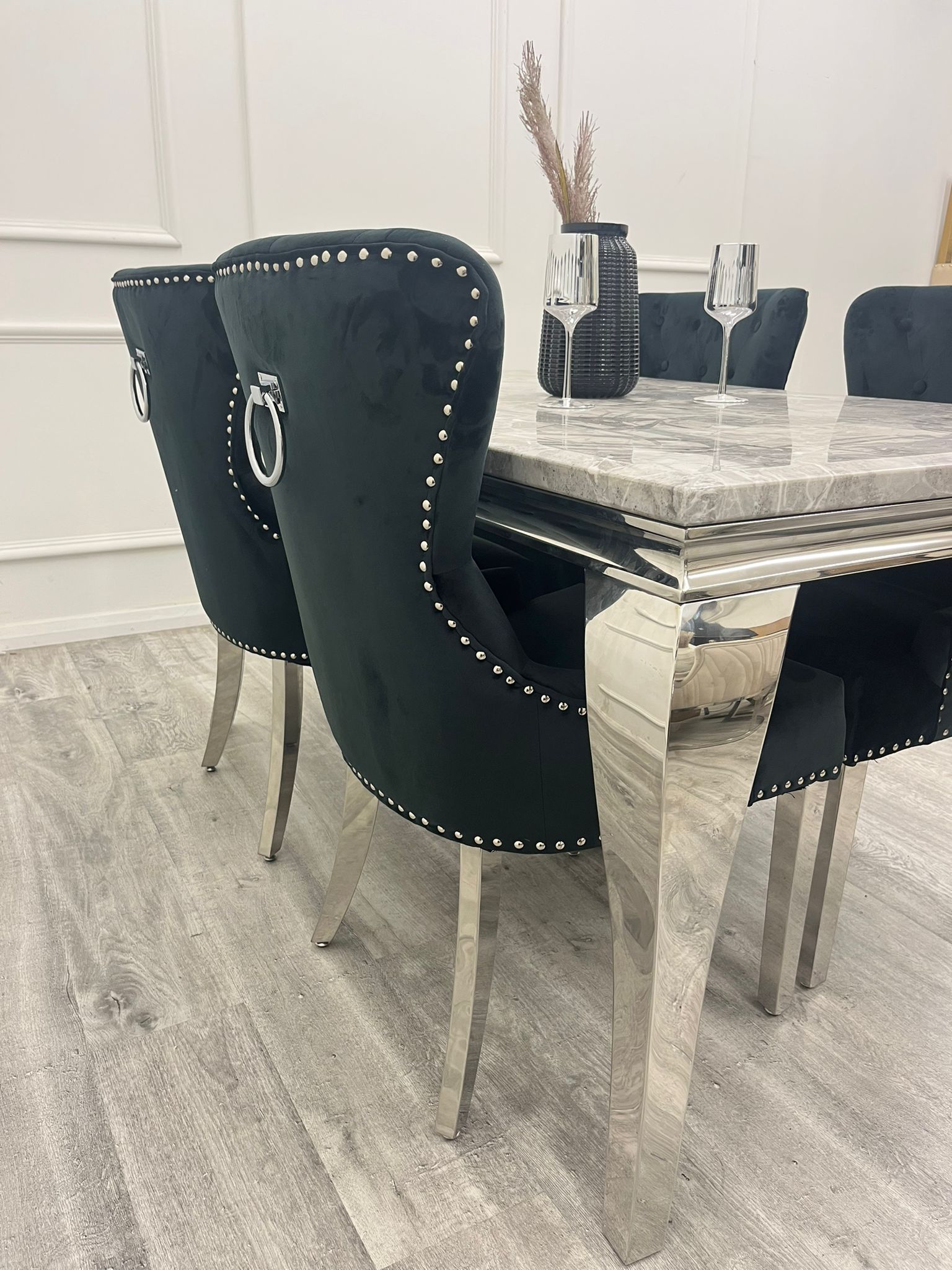 Louis Marble Dining Table (all colours) & BLACK or DARK GREY Megan Ring Knocker Chairs