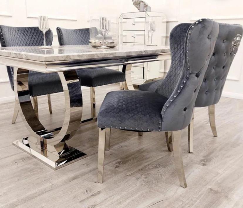 Ariana Marble Dining Table (all colours) & DARK GREY Chelsea Lion Knocker Chairs