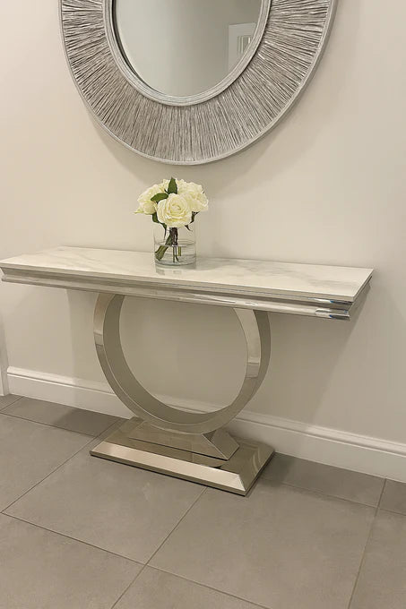 Console table with a marble to and stainless steel base