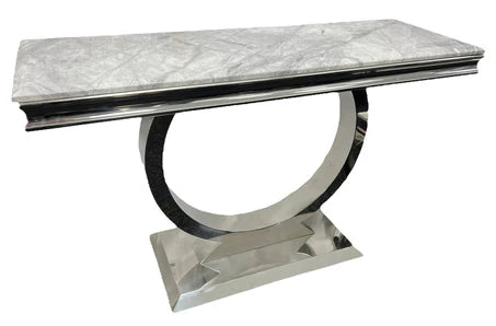 side table with marble top and circular metal base on a white background