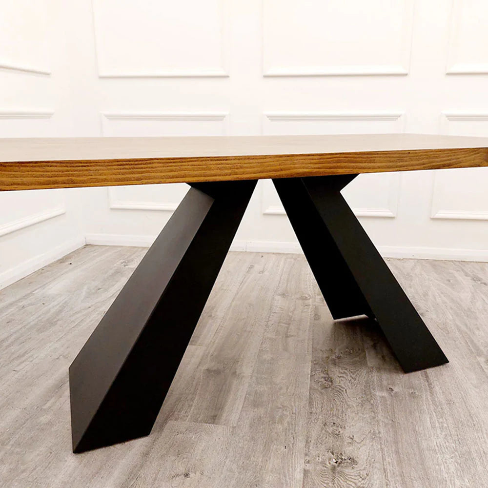 Wooden table with black metal legs first class interiors uk delivery