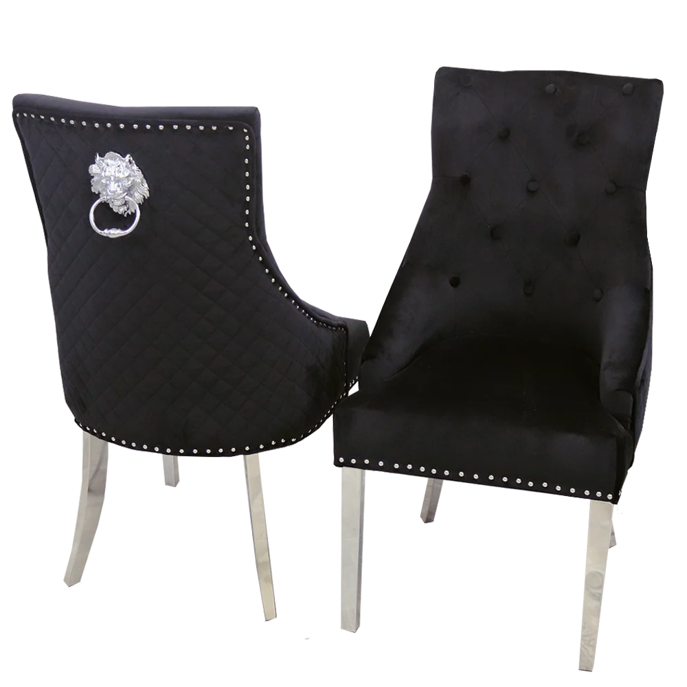 black upholstered chairs with silver decorative elements 