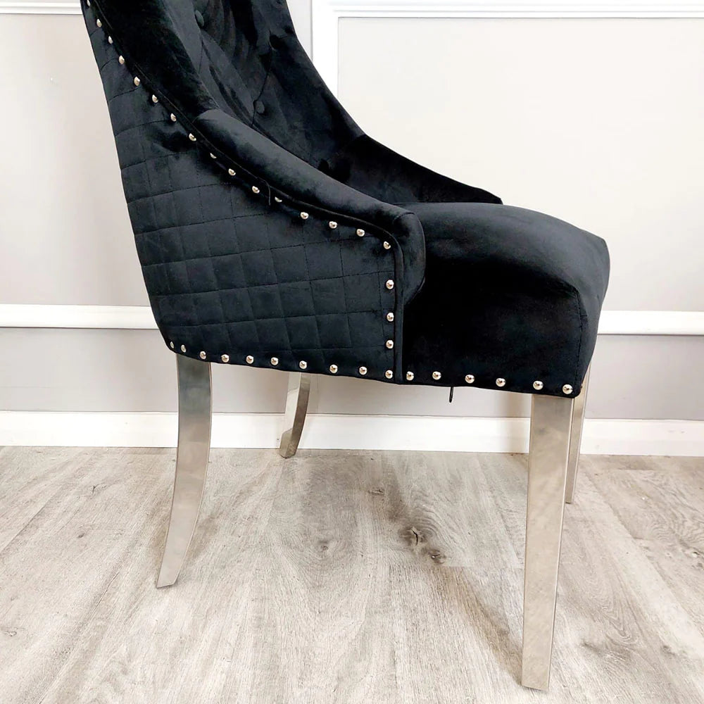 Black upholstered chair with silver studding and silver legs first class interiors uk delivery near me