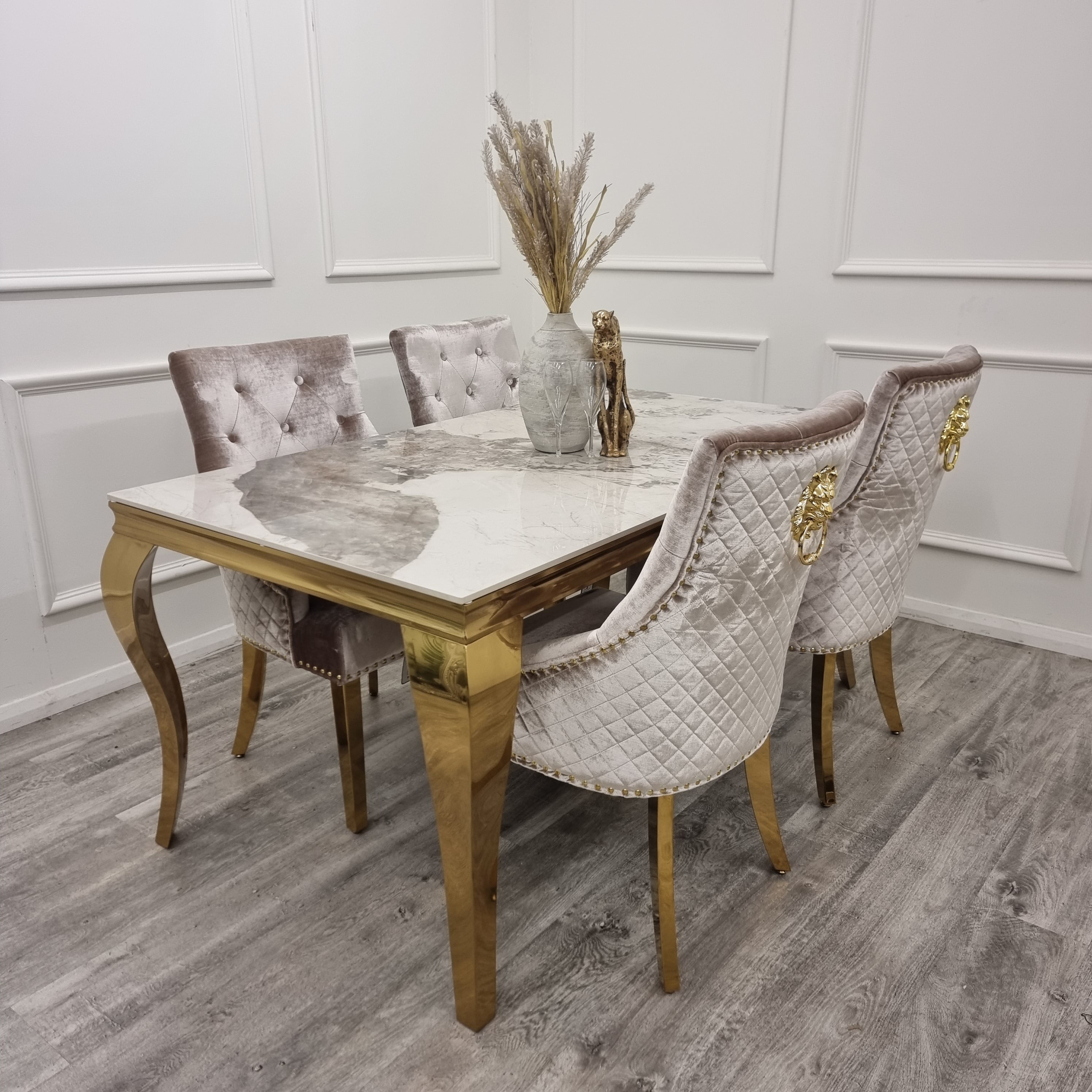 Louis Gold Dining Table & BEIGE Bentley Gold Chairs