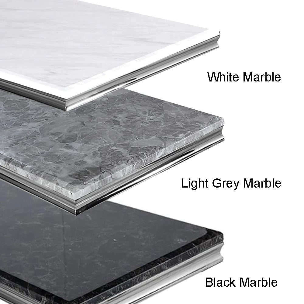 Three marble colours labeled 'White Marble', 'Light Grey Marble', and 'Black Marble' on a white background.