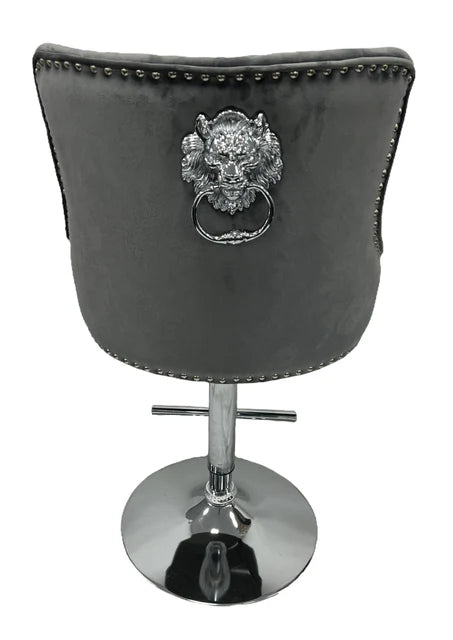 bar stool with chrome lion knocker on a chrome base