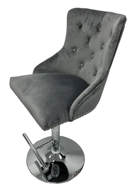 Grey upholstered bar stool chair with chrome base 