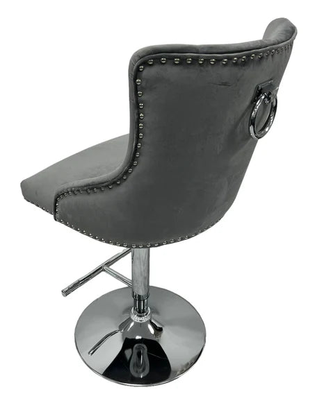 Grey velvet bar stool with chrome base 