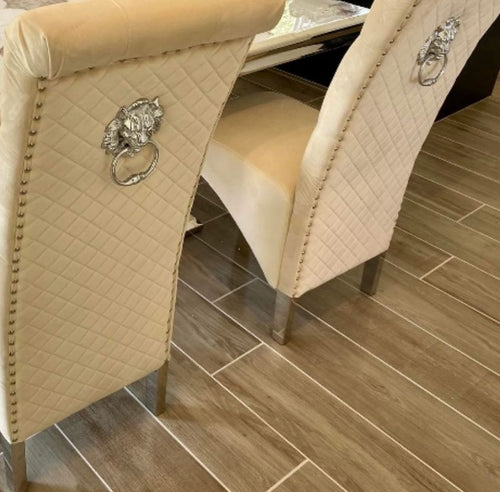 Arial Dining Table (all colours) & BLACK, GREY, or Cream Emma Lion Knocker Chairs