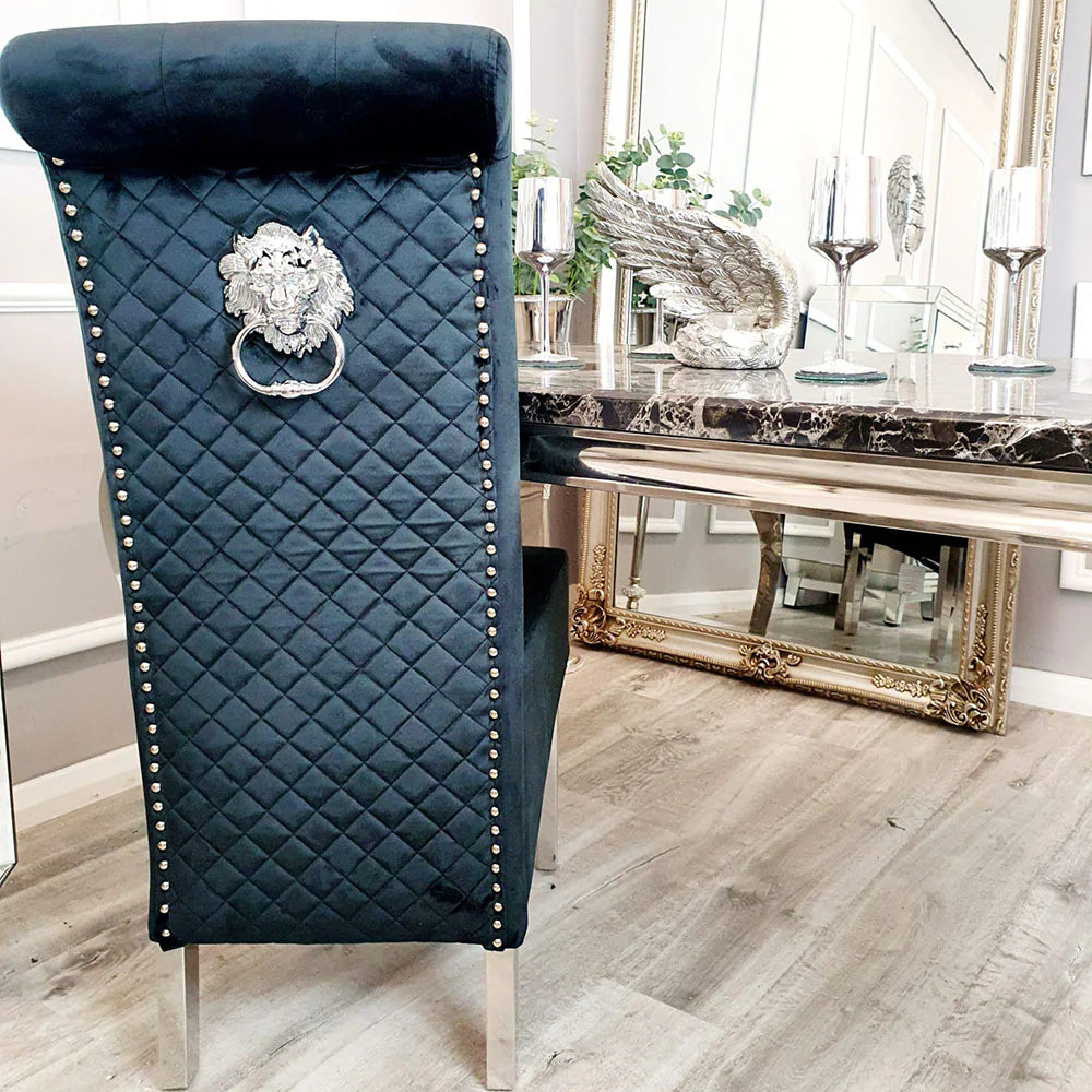 Black quilted dining chair with lion knocker
