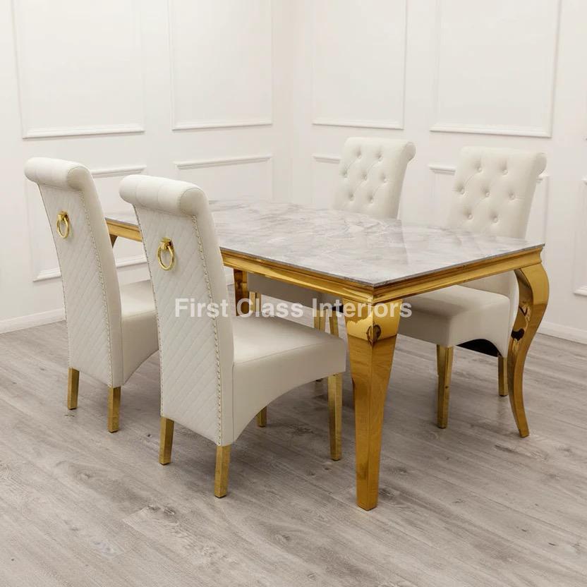 Louis Gold Dining Table (all colours) & GREY or CREAM Emma Chairs Plain Ring