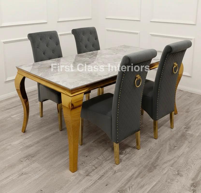Louis Gold Dining Table (all colours) & GREY or CREAM Emma Chairs Plain Ring