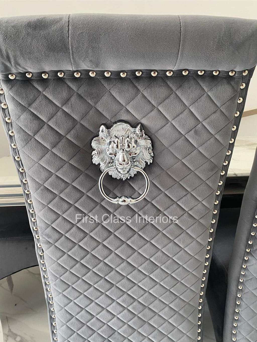 Arial Dining Table (all colours) & BLACK, GREY, or Cream Emma Lion Knocker Chairs