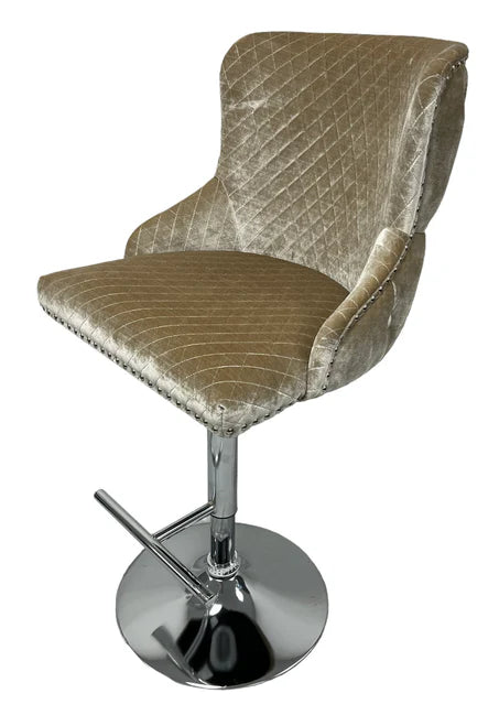 bar stool with tufted backrest and knocker on a chrome base first class interiors 