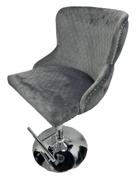 Grey tufted bar stool with lion emblem and chrome base first class interiors lowest price