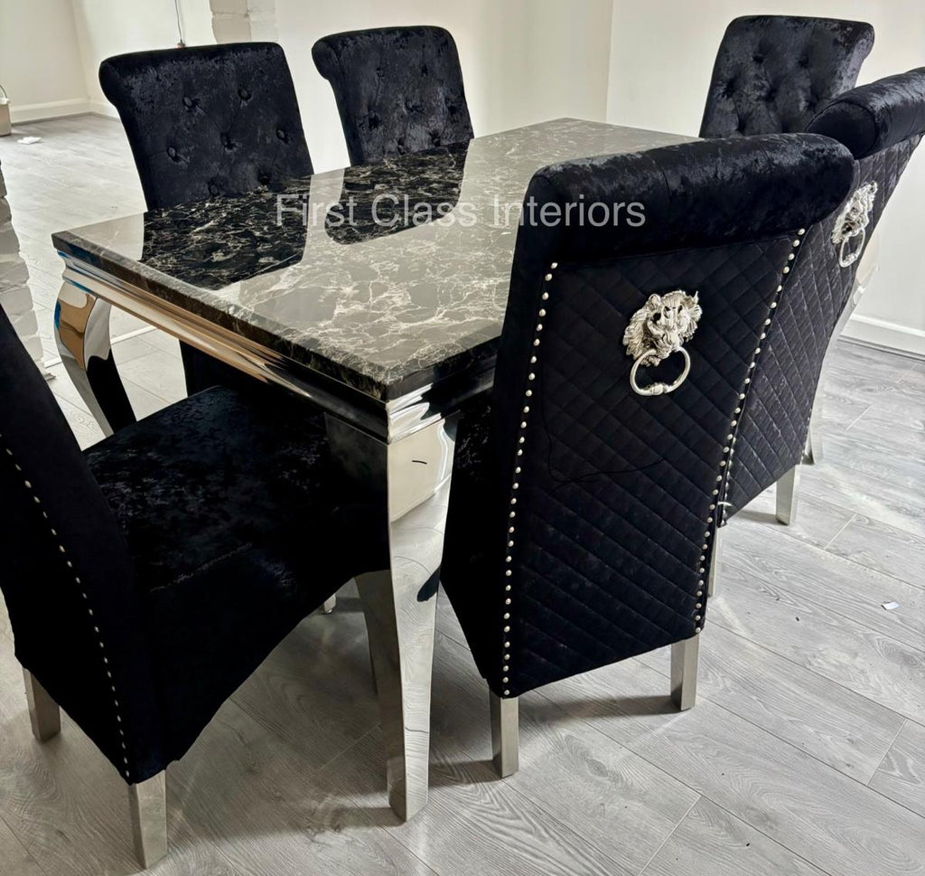Louis Marble Dining Table (all colours) & BLACK, GREY or CREAM Emma Lion Knocker Chairs