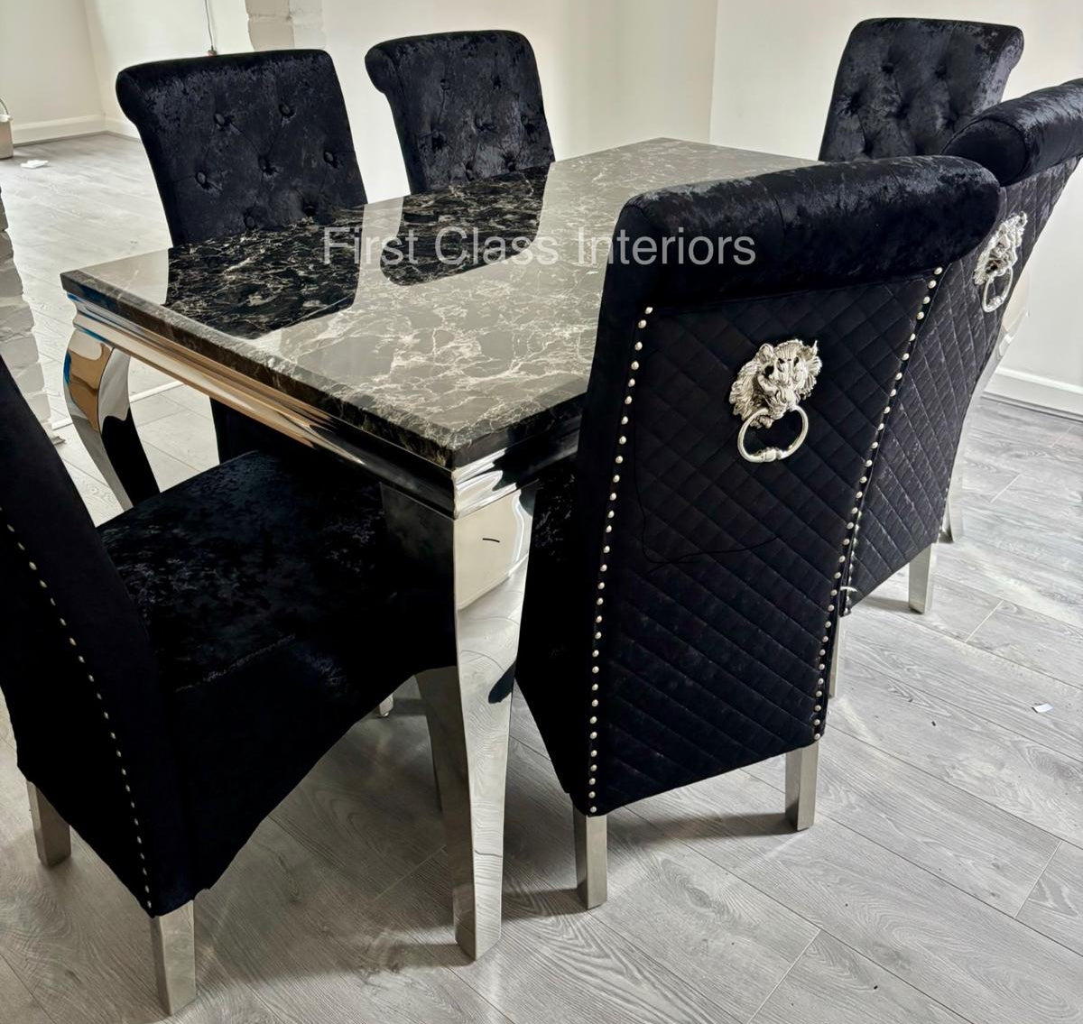 Louis Marble Dining Table (all colours) & BLACK, GREY or CREAM Emma Lion Knocker Chairs