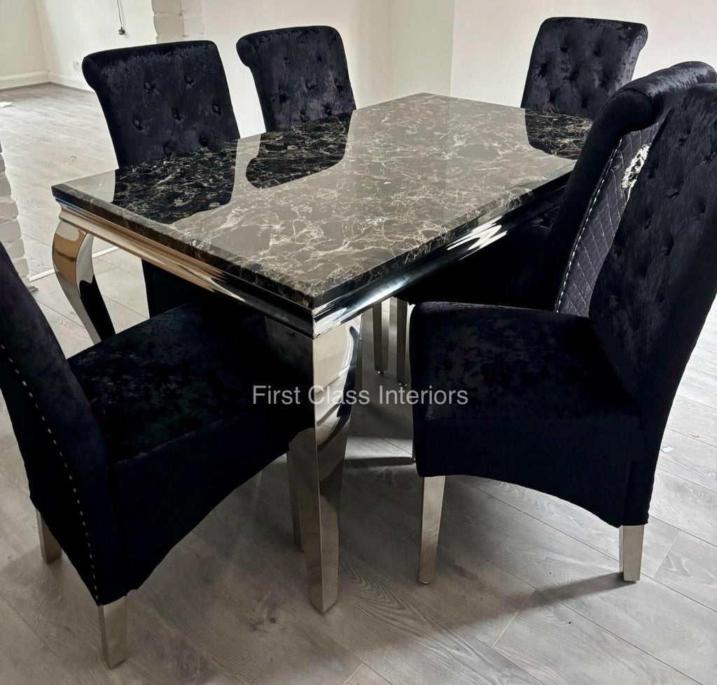 Louis Marble Dining Table (all colours) & BLACK, GREY or CREAM Emma Lion Knocker Chairs