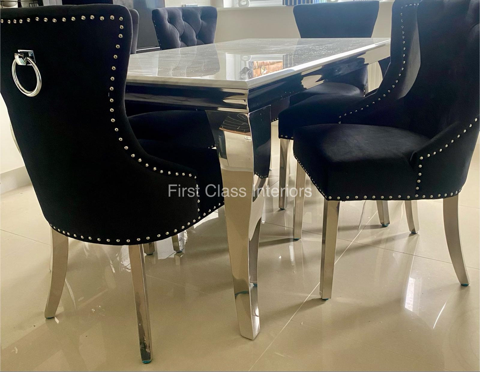 Louis Marble Dining Table (all colours) & BLACK or DARK GREY Megan Ring Knocker Chairs