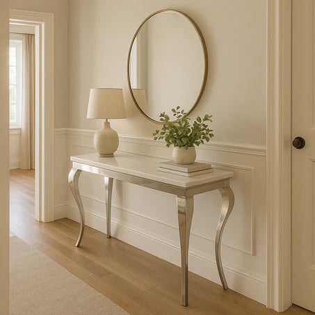 Console table with silver frame and marble top
