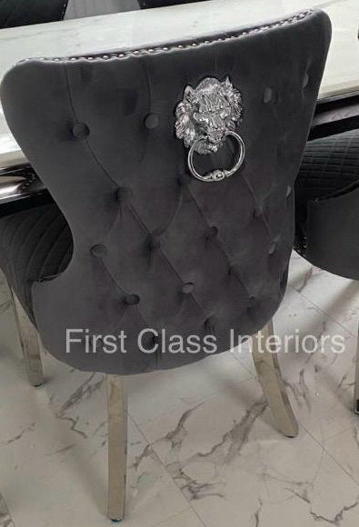 Grey tufted chair with decorative lion head knocker first class interiors nationwide delivery