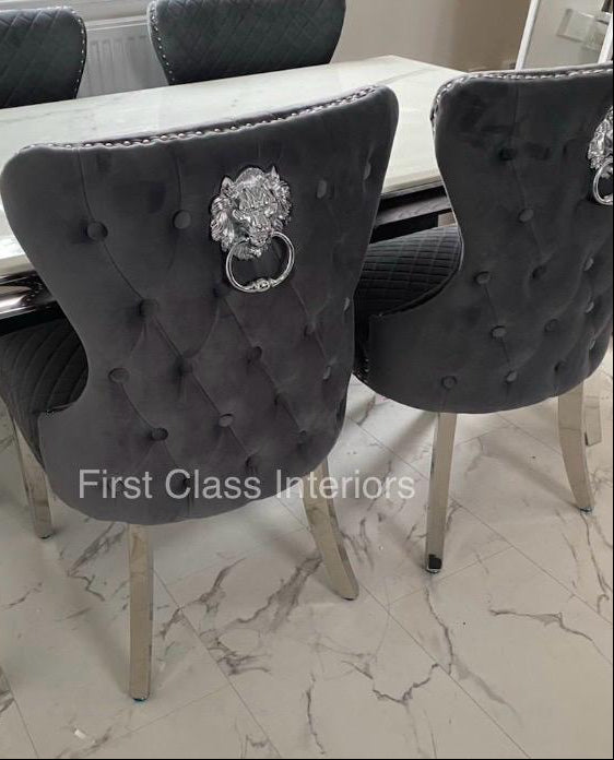 Ariana Marble Dining Table (all colours) & DARK GREY Chelsea Lion Knocker Chairs