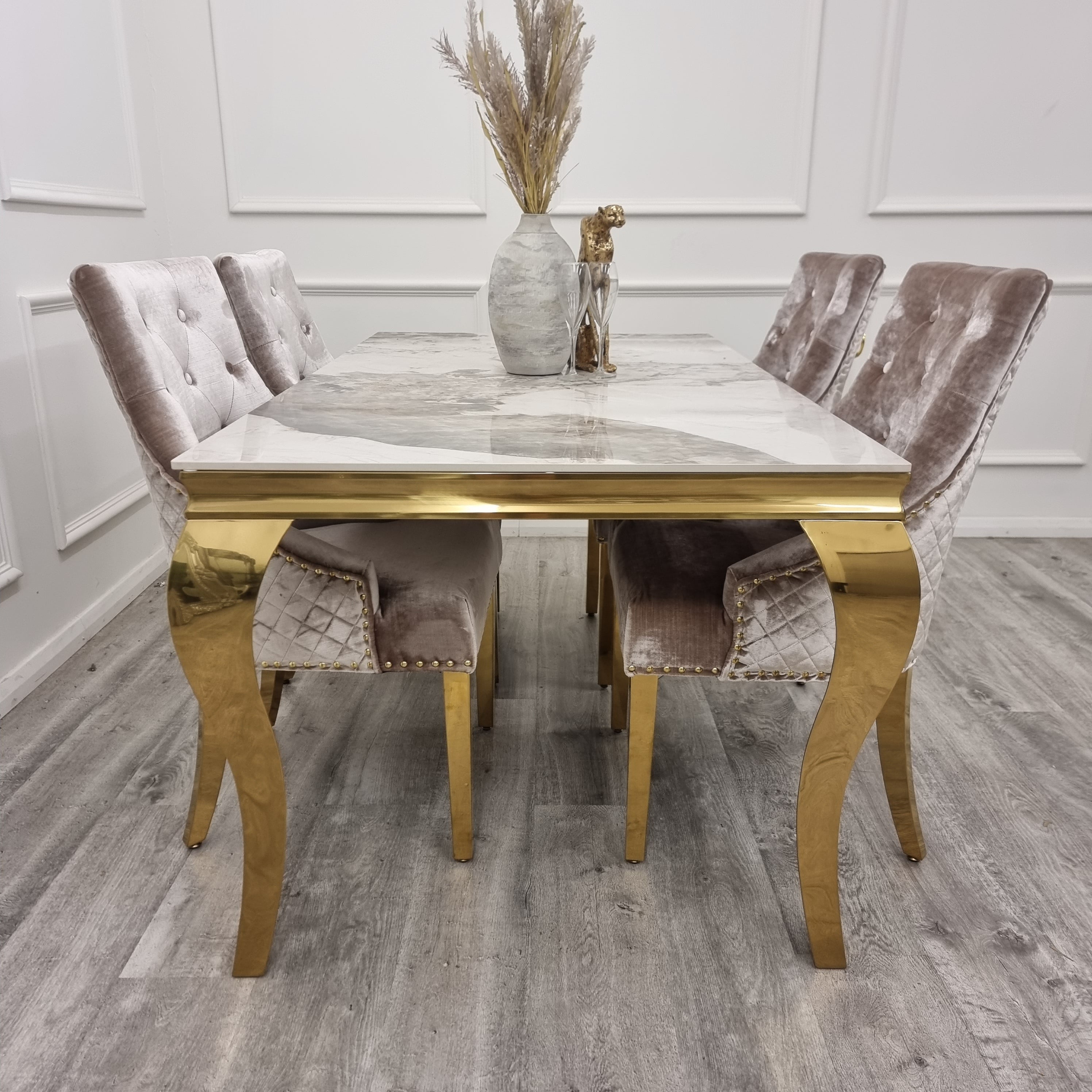 Louis Gold Dining Table & BEIGE Bentley Gold Chairs