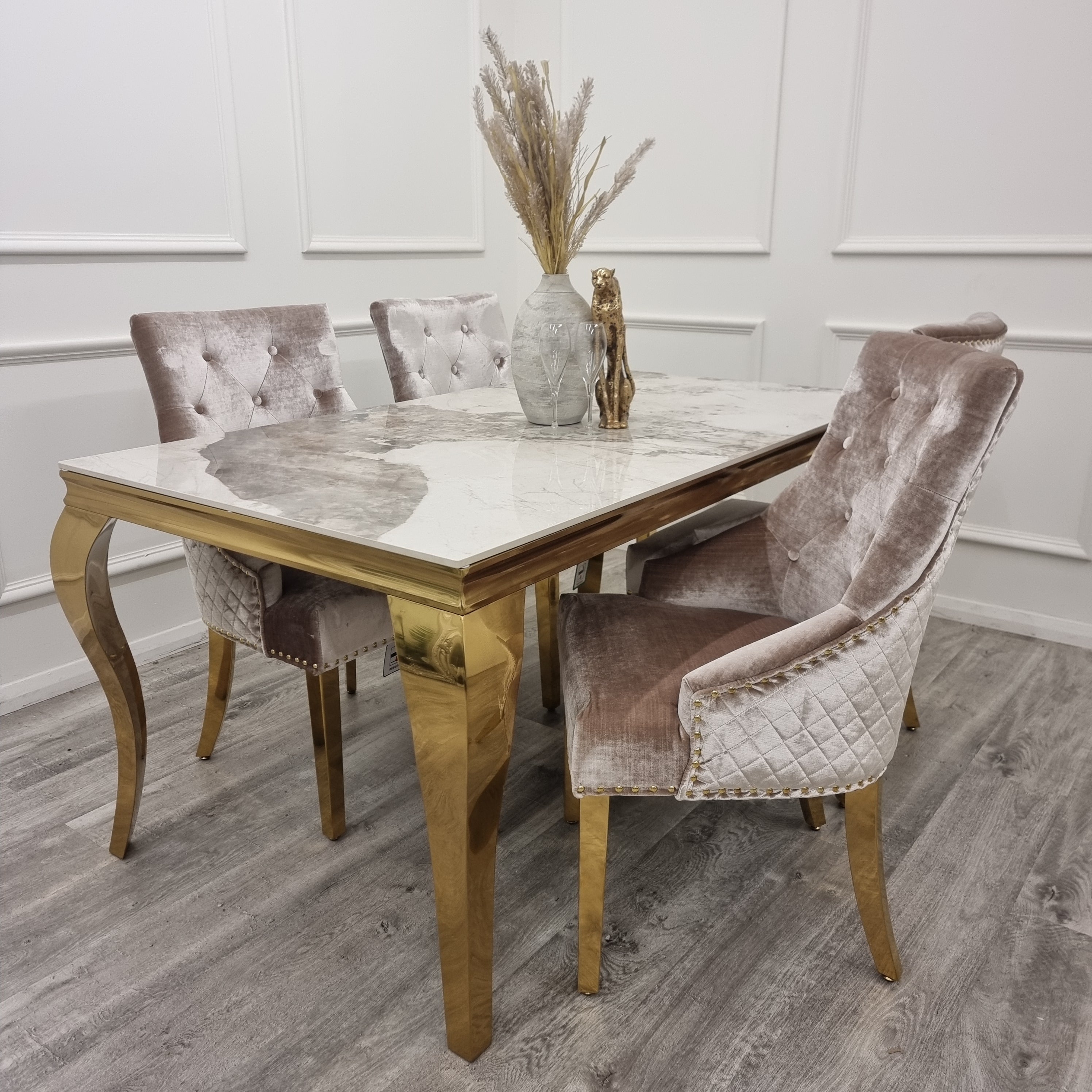 Louis Gold Dining Table & BEIGE Bentley Gold Chairs
