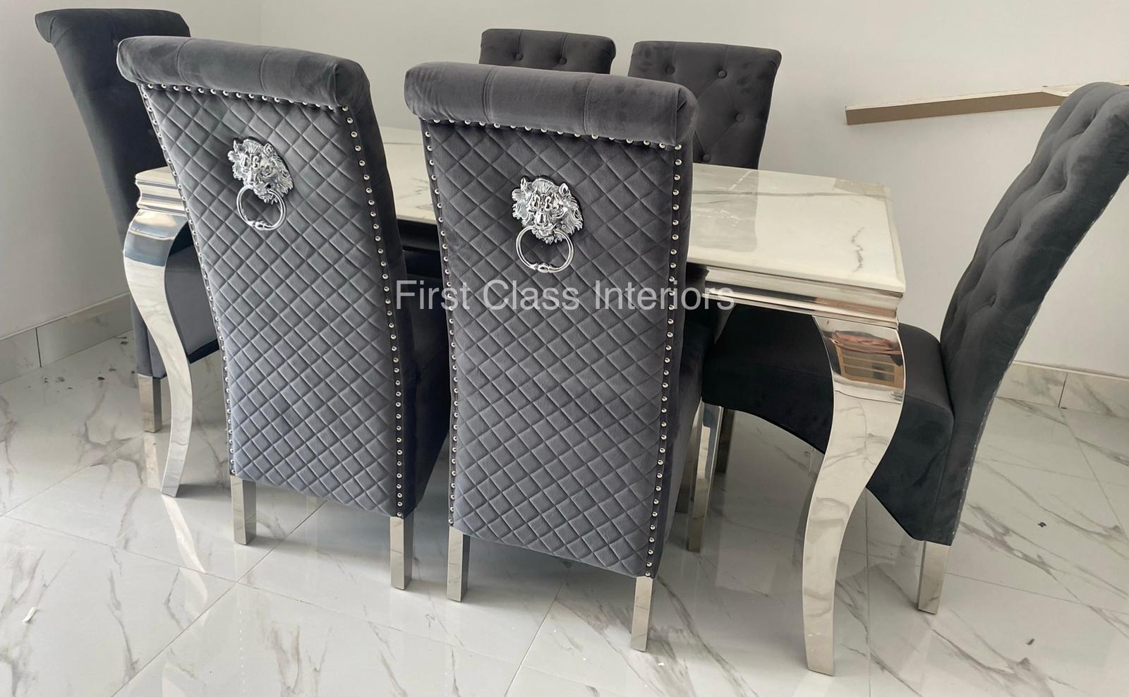 Louis Marble Dining Table (all colours) & BLACK, GREY or CREAM Emma Lion Knocker Chairs