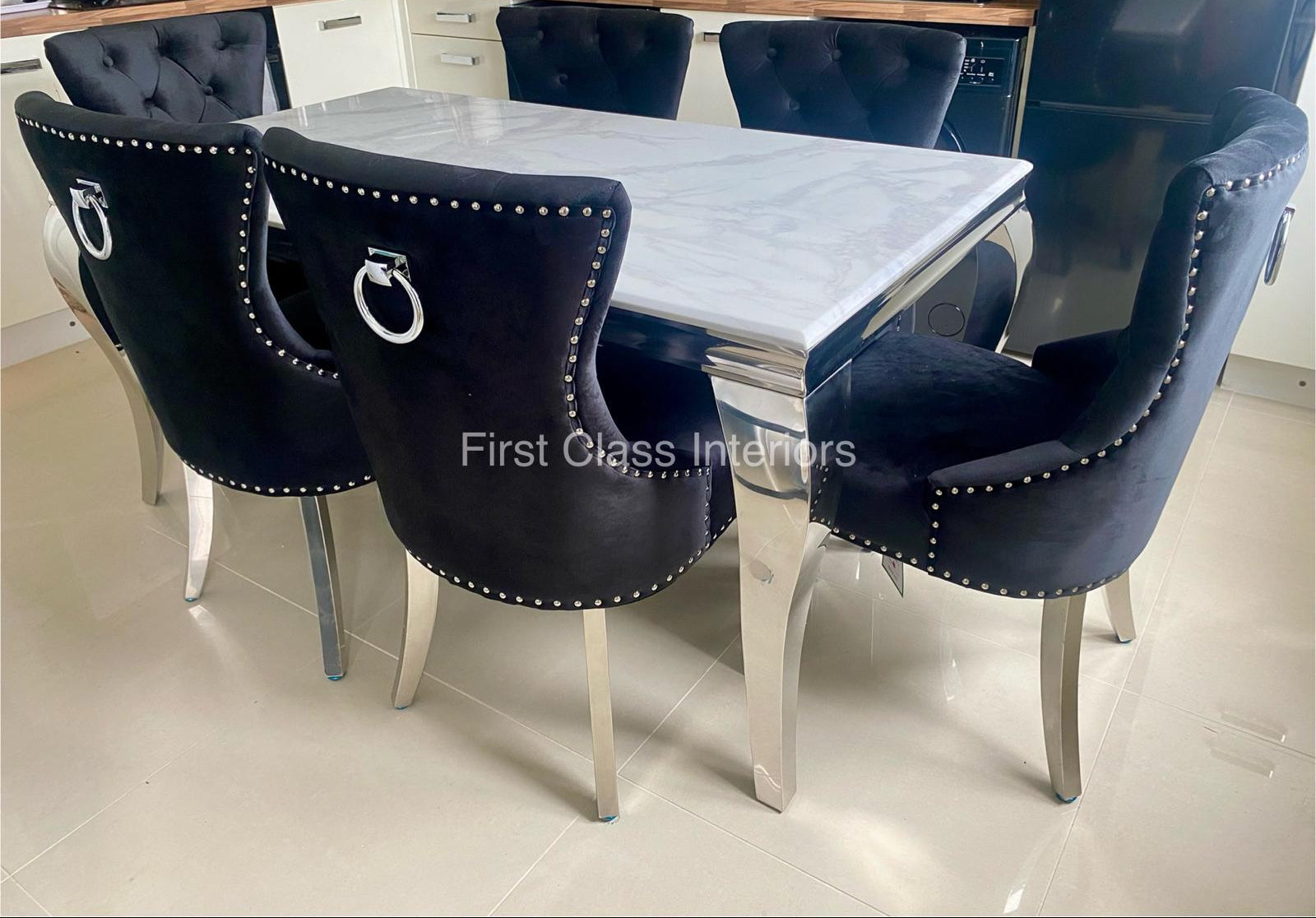 Louis Marble Dining Table (all colours) & BLACK or DARK GREY Megan Ring Knocker Chairs